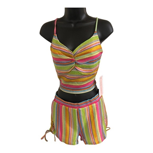 2pc rainbow multicolored crochet mesh look tank top & side tie shorts set size S - Picture 8 of 13